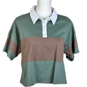 MM MM MM Top Women XL Cropped Green Sage Mocha ColorBlock Collared Tee Dillards